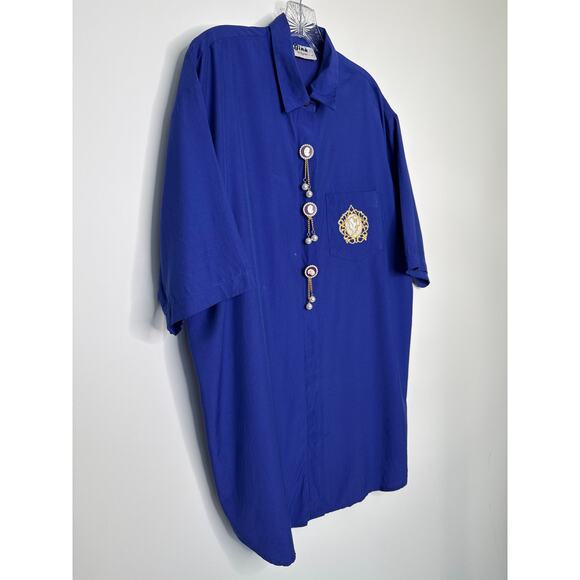 Vintage Gina Royal Blue Cameo Blouse / dress Pearl & Gold Chain Accents Medium - Picture 15 of 16